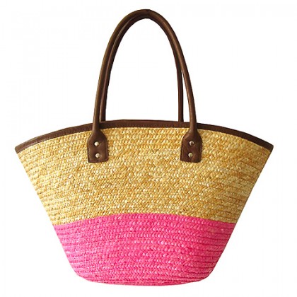 Straw Tote – 12 PCS Woven Wheat 2-tone w/ PU Leather Handles - Pink - BG-R11050PK